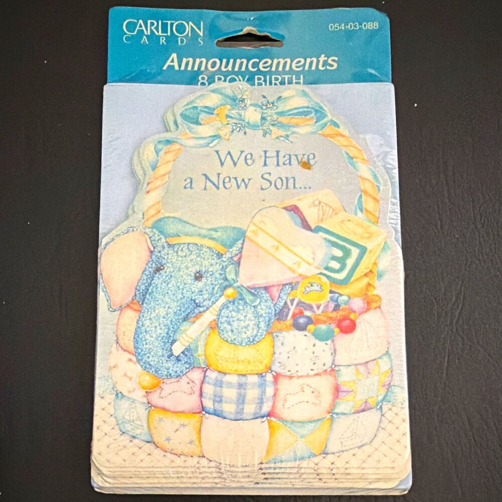Carlton Cards Boy Birth Announcement "We Have a New Son" Elephant 8 Cards/8 Env